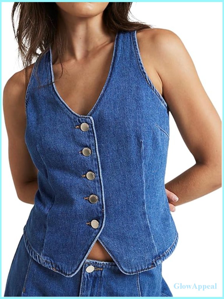Sleeveless Denim Vest V-Neck Button Down Casual Jean Waistcoat Fitted Crop